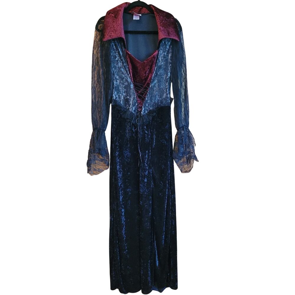 Gothic Vampire Dress Halloween Costume Ren Faire Long Black Red Velvet Lace Sz L